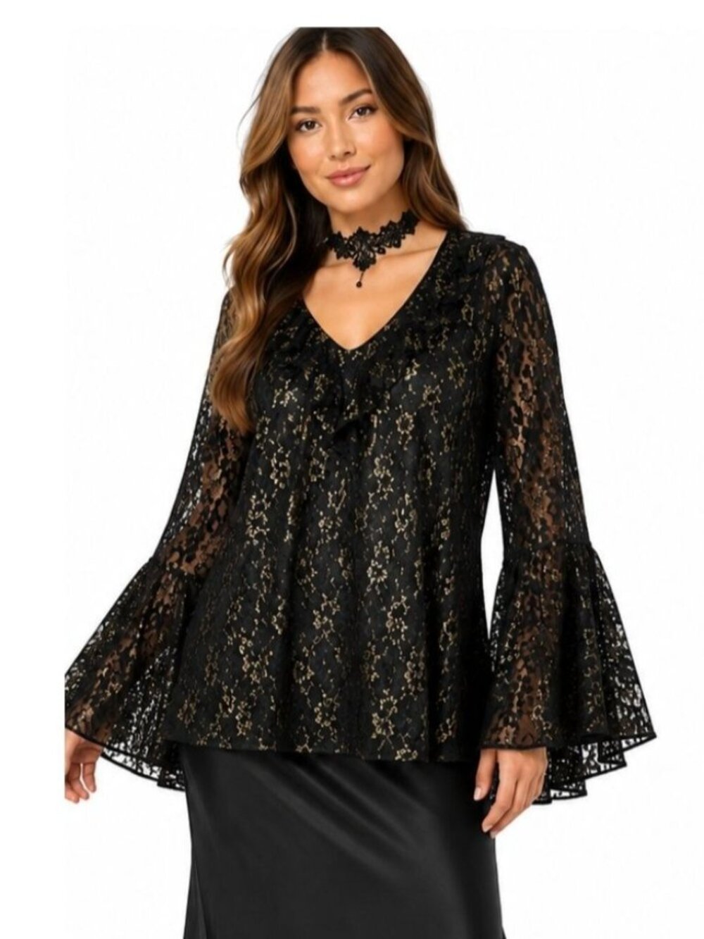 Vintage Worthington 2X Black Gold Lace Floral Top Blouse Ruffle Neck Bell Sleeve